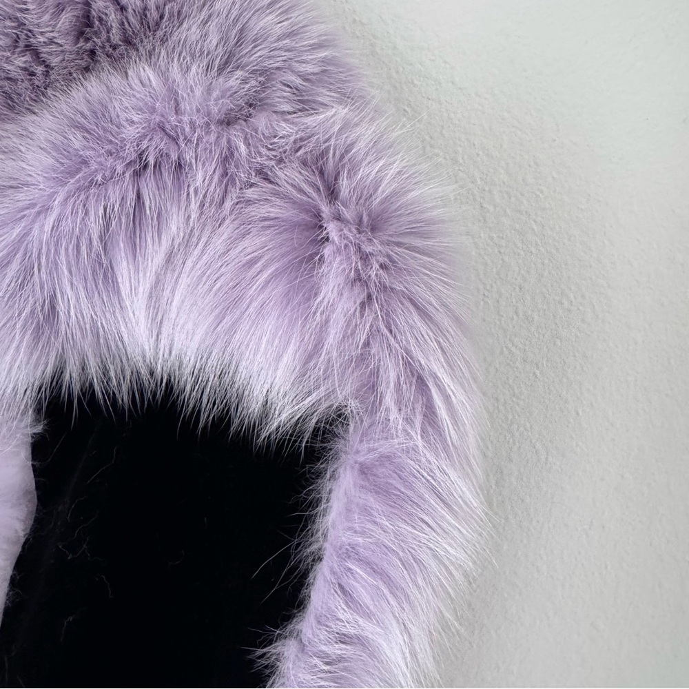 Gaucho Lavender Blue Fox Fur Wrap Scarf with Pom Pom Ties & Velvet Lining NWT - Picture 7 of 13